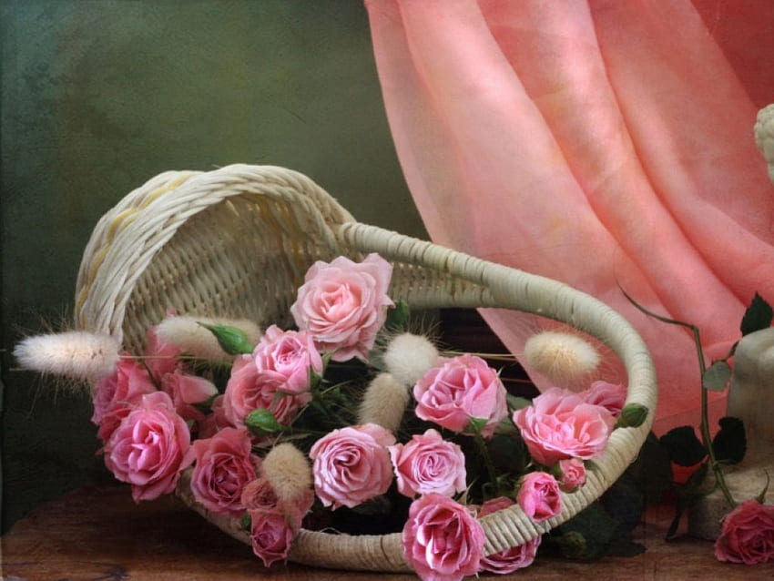 Basket of Flowers, basket, rose, still life, pink, flowers HD wallpaper