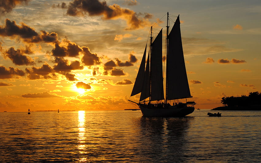 sail away, boat, black, dark, wet, bright, yellow, clouds, nature, sail, sky, water, sun, sunset HD wallpaper