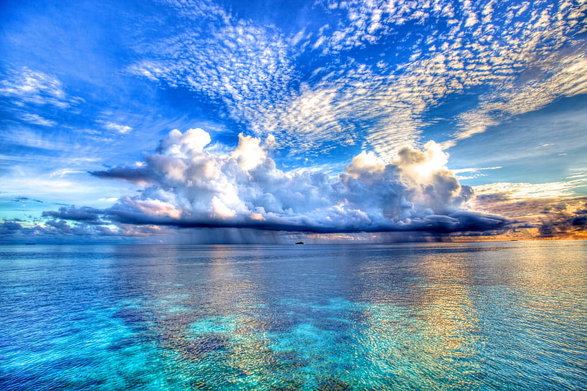 reflektieren sie ihr leben, blau, bunt, sand, graphik, tropisch, farben, schönheit, strand, nass, reflexion, wasser, ozean, meer, schön, fantasie, wolken, natur, himmel HD-Hintergrundbild