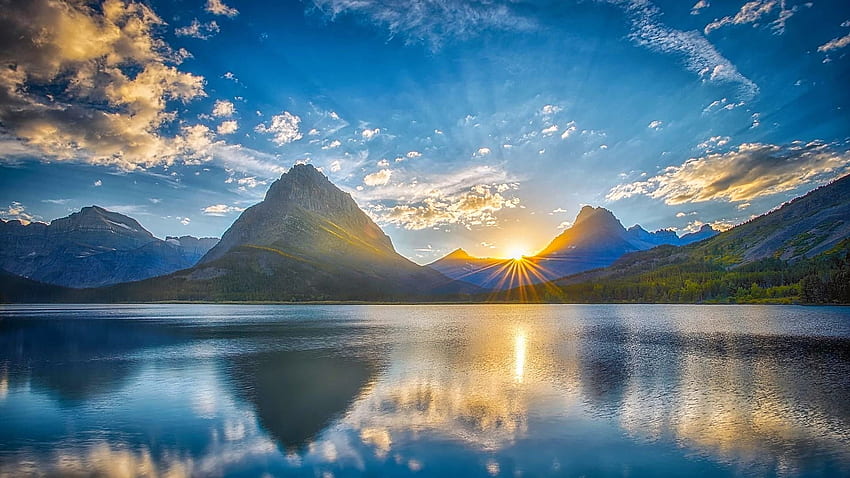 Национален парк Монтана, Монтана, небе, слънце, езеро HD тапет