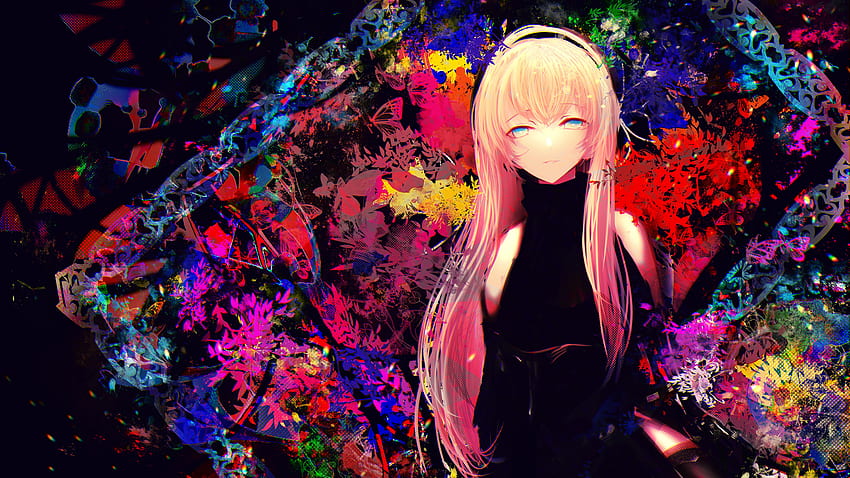 Long Hair Anime Girl With Black Dress In Colorful Background Anime Girl ...