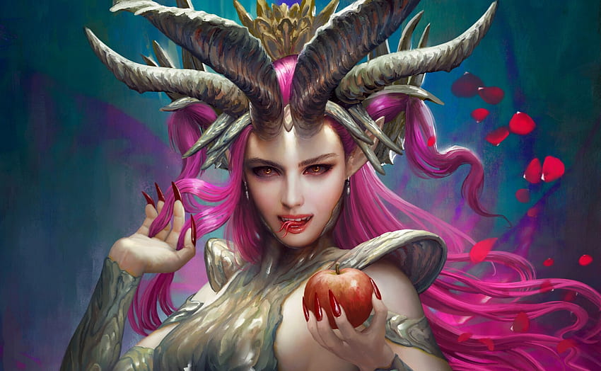 Asmodeus, apple, mario wibisono, girl, demon, frumusete, horns, pink, fantasy, face, luminos, tongue HD wallpaper