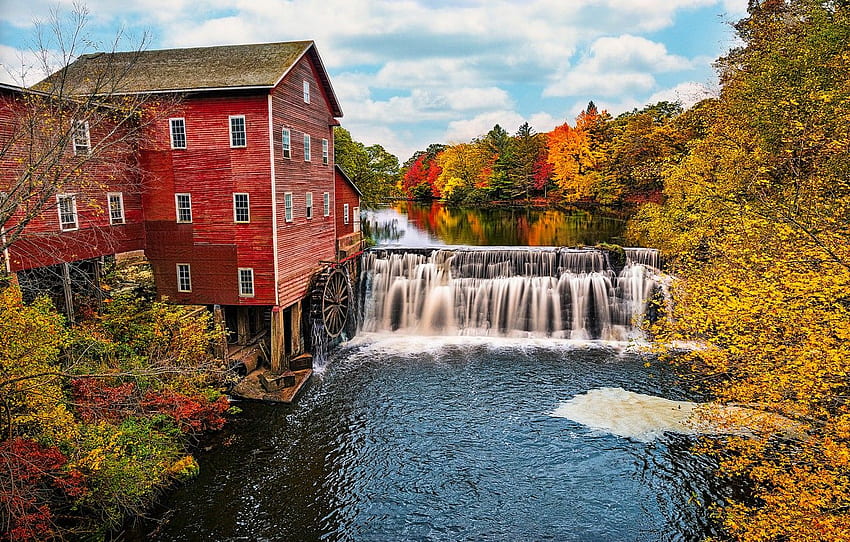 autumn, forest, river, USA, water mill, beginning, November, Wisconsin for , section природа, Wisconsin Dells HD wallpaper