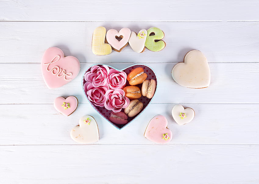 Rose, heart shape, cookies, macaron HD wallpaper