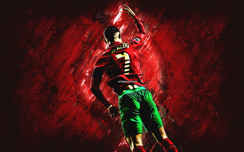 Cristiano Ronaldo, CR7, portugiesische Fußballnationalmannschaft, traditioneller Torjubel, roter Steinhintergrund, Fußball, CR7 Portugal, großartige Kunst HD-Hintergrundbild