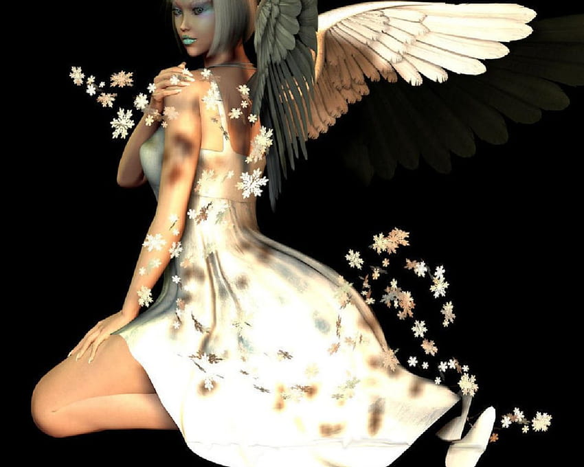 Snow Angel, angel, snow flakes, white dress, female HD wallpaper