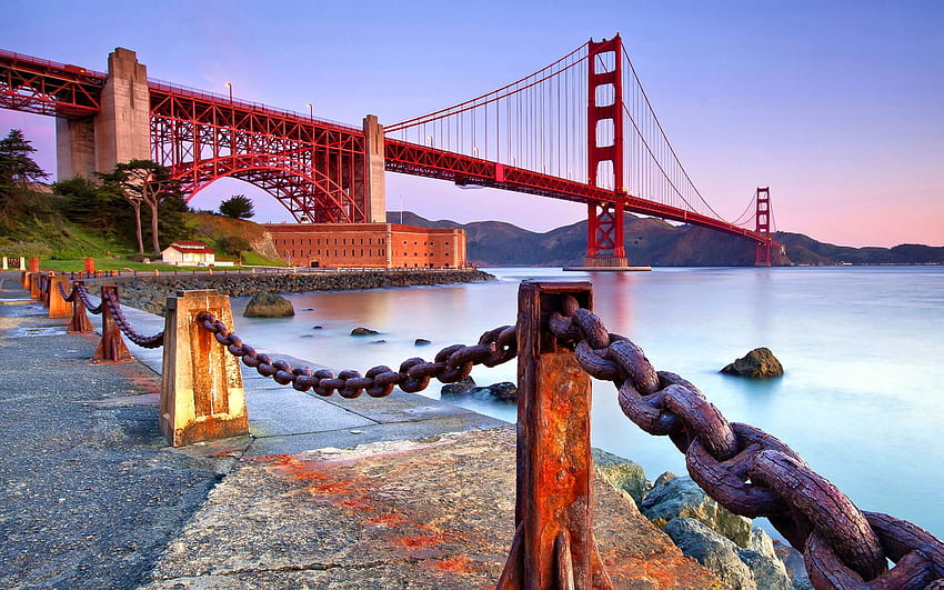 Jembatan Golden Gate F, San Francisco, arsitektur, grafik, Jembatan Golden Gate, AS, indah, lanskap kota, pemandangan, layar lebar, jembatan, California Wallpaper HD