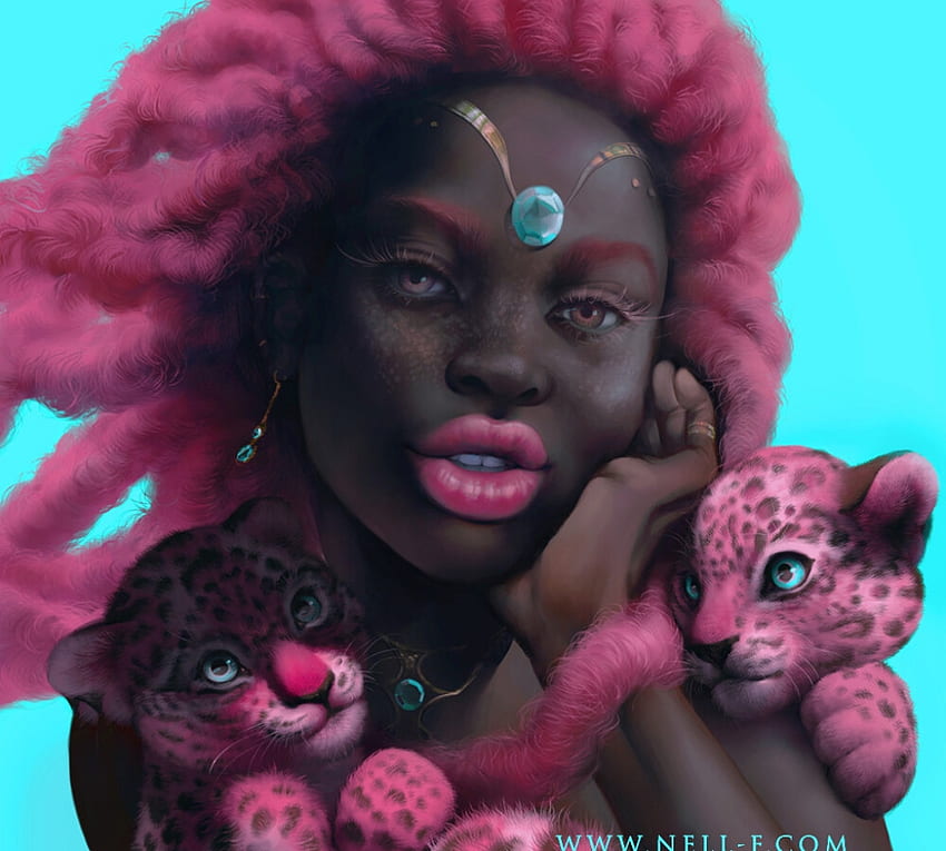 Różowe jaguary autorstwa Nell Fallcard, niebieski, czarny, młode, sztuka, nell fallcard, dziewczyna, kot, klejnot, różowy, fantazja, jaguar, twarz Tapeta HD