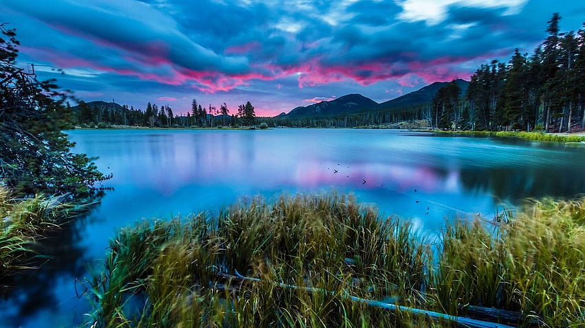 Sprague Lake w Rocky Mountain National Park, kraj, chmury, colorado, niebo, zachód słońca, usa Tapeta HD
