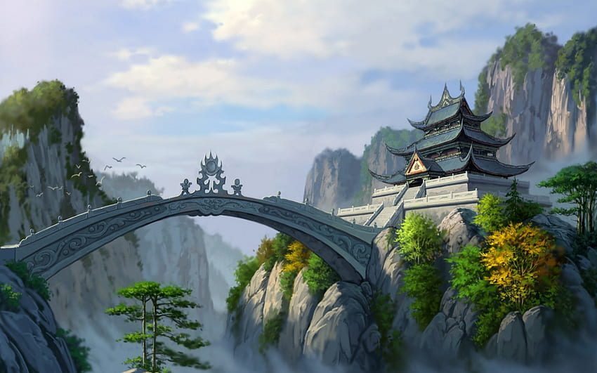 Jade Dynasty, asiatique, temple, arbre, fantaisie, vert, jaune, pont, jeu, automne Fond d'écran HD