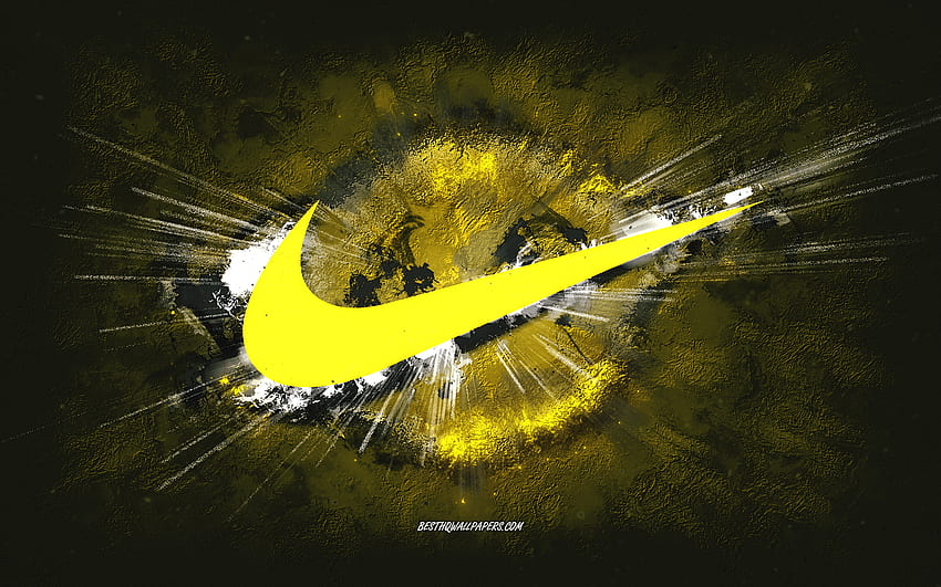 Nike-Logo, Grunge-Kunst, gelber Steinhintergrund, gelbes Nike-Logo, Nike, kreative Kunst, Nike-Grunge-Logo HD-Hintergrundbild