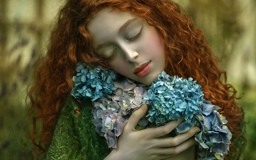 Liebe zur Natur, Blau, Agnieszka Lorek, Modell, Mädchen, Frau, Blume, Grün, Ophidia, Rotschopf HD-Hintergrundbild