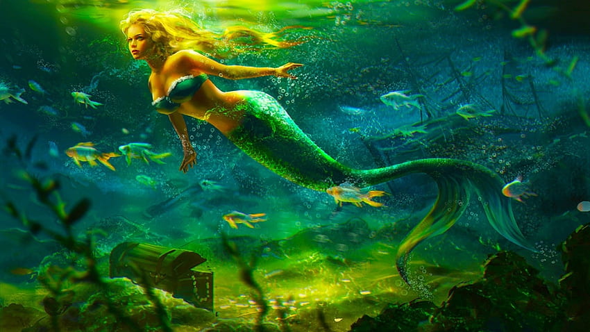 Sirène, fille, eau, vara, sirène, bleu, été, fantaisie, pesti, vert, sous-marin, poisson, un autre vagabond Fond d'écran HD