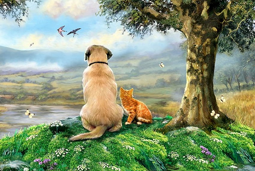 Por Howard Robinson, perro, gatito, animal, arte, howard robinson, gato, hierba, árbol, cachorro, pintura, vista fondo de pantalla