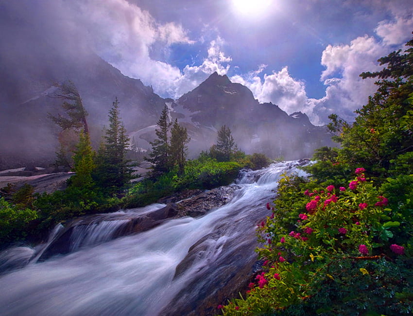 River melody, river, foam, clouds, trees, flowers, mountains, motion HD wallpaper