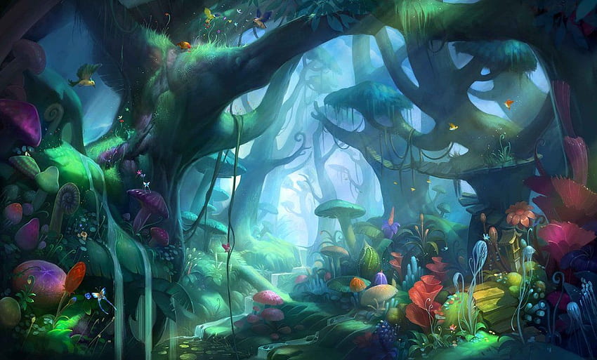 버섯숲. 판타지 아트 풍경, 환경 컨셉 아트, 애니메이션 풍경 HD 월페이퍼
