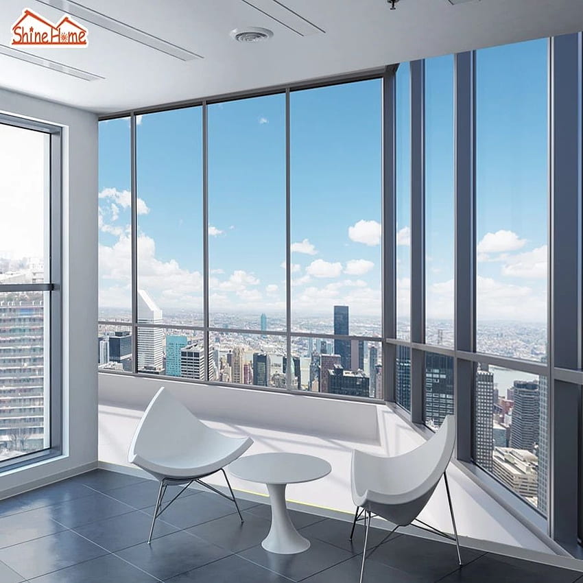 ShineHome 3D Großes benutzerdefiniertes Bürofenster mit Gebäudeansicht 3D-n-Wandrolle für Wohnzimmer-Wohnkultur. Papier . Wand HD-Handy-Hintergrundbild