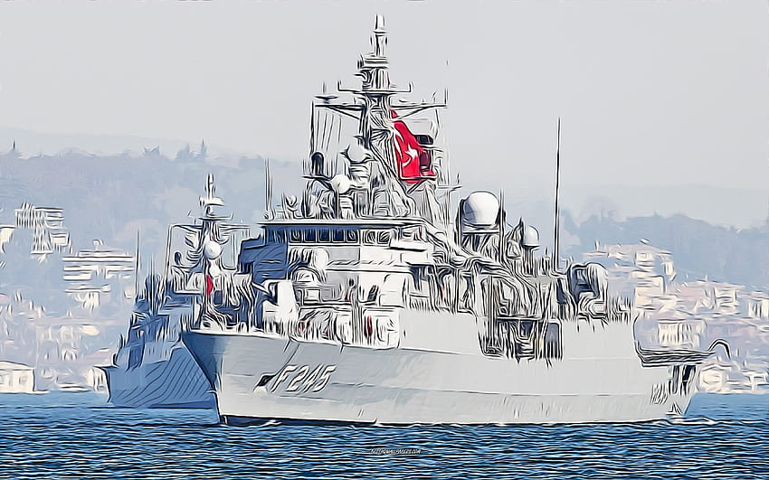 TCG Orucreis, F-245, , sztuka wektorowa, rysunek TCG Orucreis, tureckie siły morskie, sztuka twórcza, TCG Orucreis art, F245, rysunek wektorowy, abstrakcyjne statki, TCG Orucreis F-245, marynarka turecka Tapeta HD