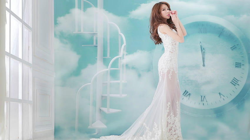 Heavenly Day, window, brunette, wedding dress, steps, Patty Lai, dress, staircase, stairs, clouds, clock HD wallpaper