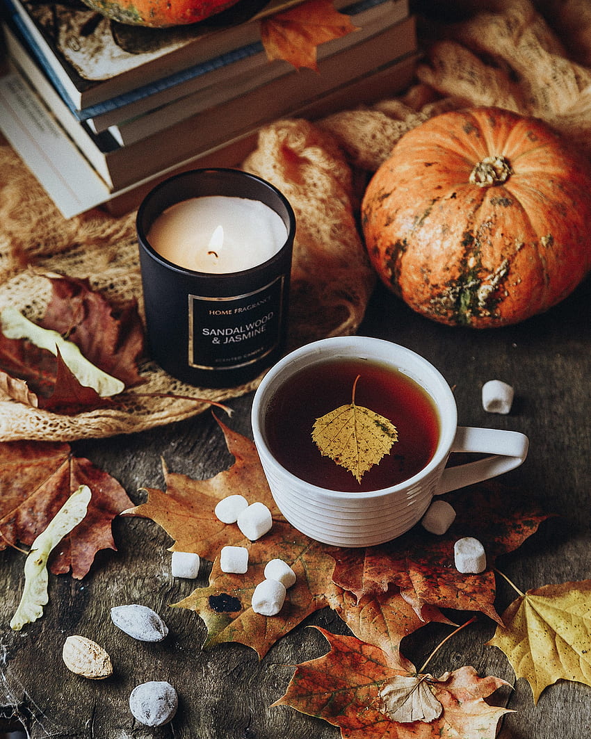 Lebensmittel, Herbst, Blätter, Tasse, Tee, Gemütlichkeit, Komfort, Kerze HD-Handy-Hintergrundbild