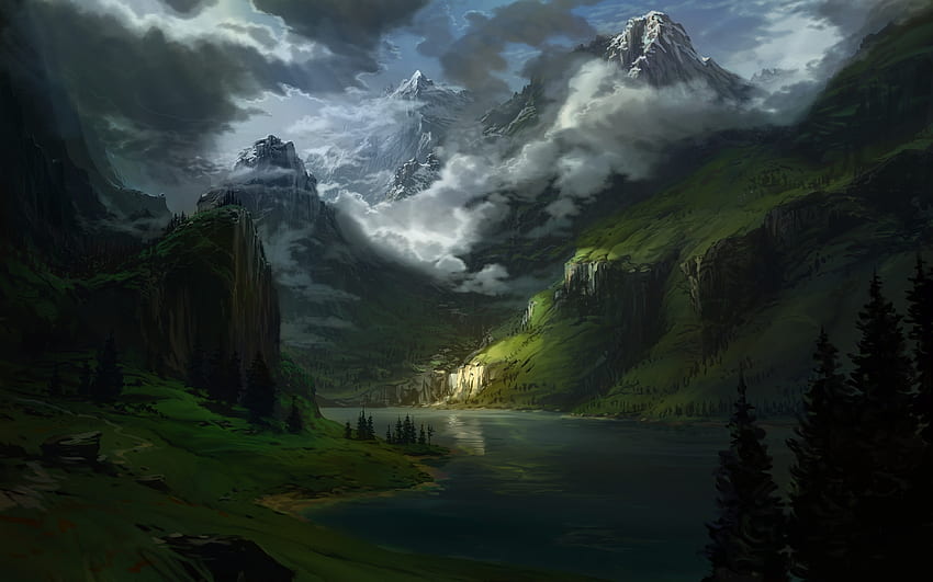 Fantasy. nature, river, mountains HD wallpaper