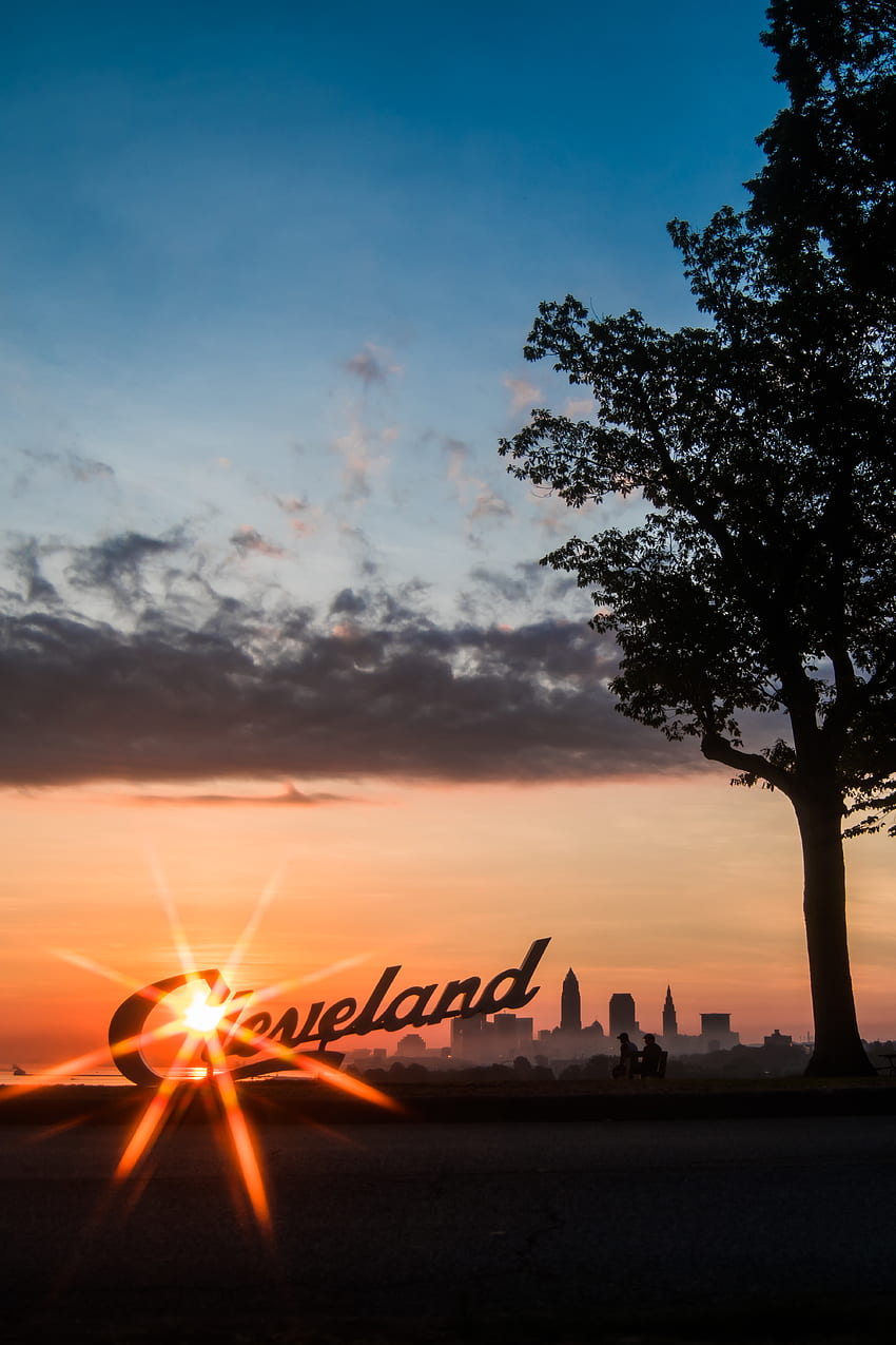 Cities, Sunset, Silhouettes, Night City, Inscription, Sunlight, Cleveland HD phone wallpaper