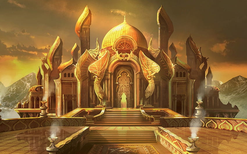 City of Brass, golden, fantasy, yellow, game, magic the gathering, castle, orange HD wallpaper