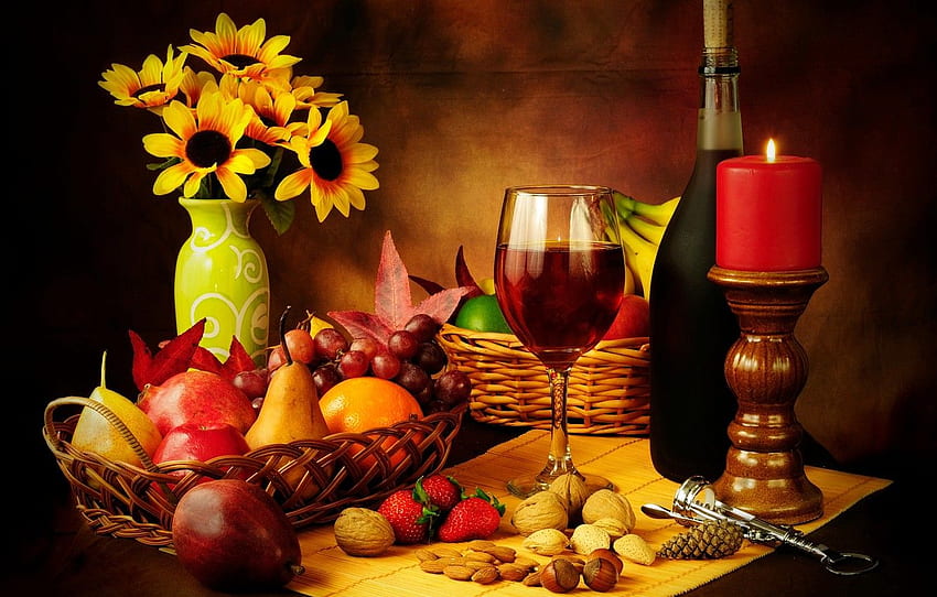 wine, red, basket, apples, glass, bottle, candle, strawberry, grapes, fruit, nuts, still life, pear, corkscrew for , section еда HD wallpaper
