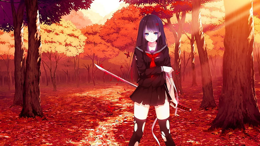 Anime anime Japanese Art sword katana school uniform fall trees black hair long hair blue HD wallpaper