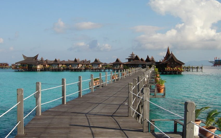 a pier to a bungalow resort in paradise, pier, sea, bungalows, reort HD wallpaper