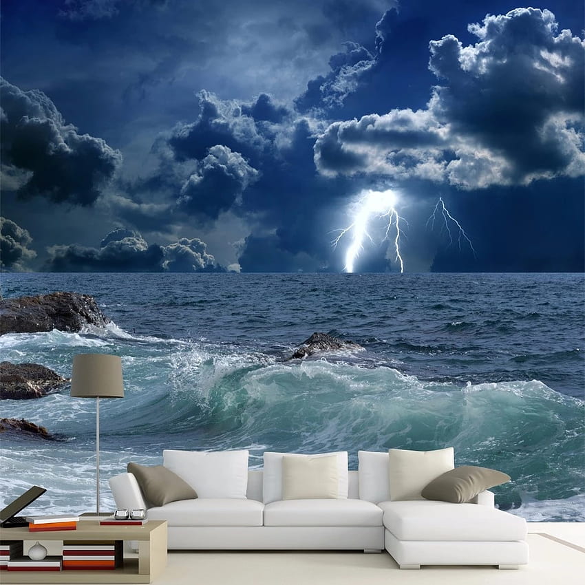 Персонализиран 3D Океански вълни Светкавица Тъмен облак Пейзаж Стенопис Всекидневна Спалня Papel De Parede 3D. papel de parede 3D. papel de paredede parede, Тъмна океанска буря HD тапет за телефон