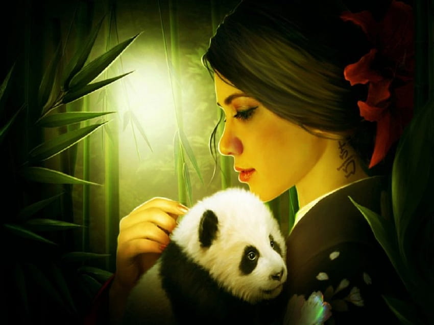 My Panda, bear, sunlight, tattoo, women, forest, panda HD wallpaper
