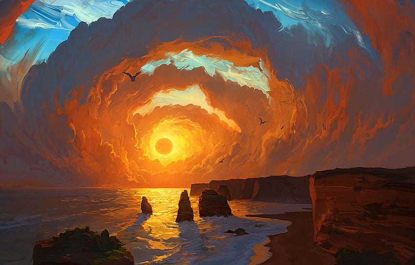 ทิวทัศน์ ท้องฟ้า ทะเล ชายฝั่ง พระอาทิตย์ตก ศิลปะ เมฆ นก ดวงอาทิตย์ ศิลปะดิจิตอล งานศิลปะ หน้าผา painting art for , section арт - วอลล์เปเปอร์ HD