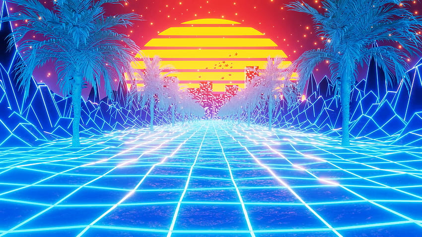 Retro 80s style synthwave sunrise with palm trees in perfect loop. 3D render animation. Motion Background, 80s Retro Palm Tree HD wallpaper