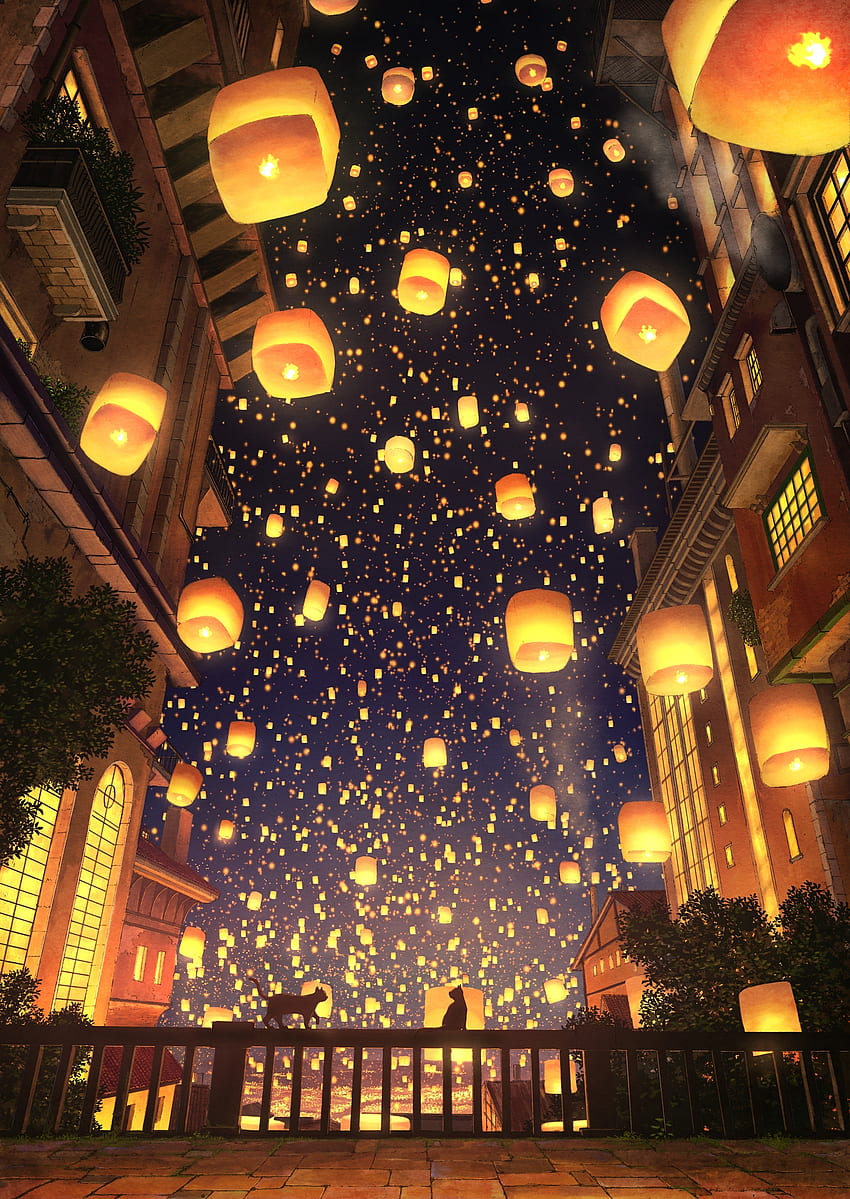Anime Festival, Scenic, Mood, Lanterns, Cats, Night, Fence - Resolution: HD phone wallpaper