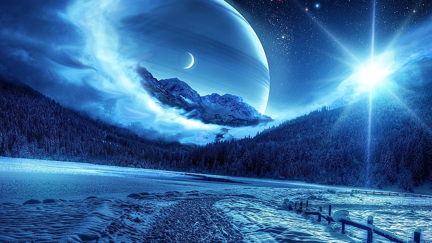 winter, night, mountains, road, planet, fantastic landscape Full Background HD wallpaper