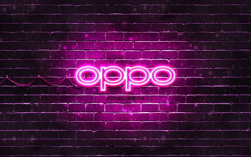 Oppoの紫色のロゴ、紫のブリックウォール、Oppoのロゴ、ブランド、Oppoのネオンのロゴ、Oppo 高画質の壁紙