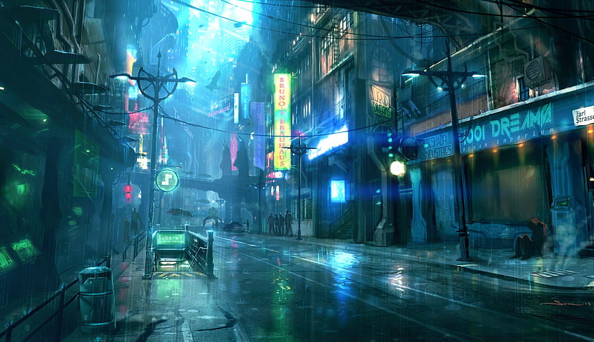 light, paintings, blue, rain, signs, subway, cyberpunk, Blue Street HD wallpaper
