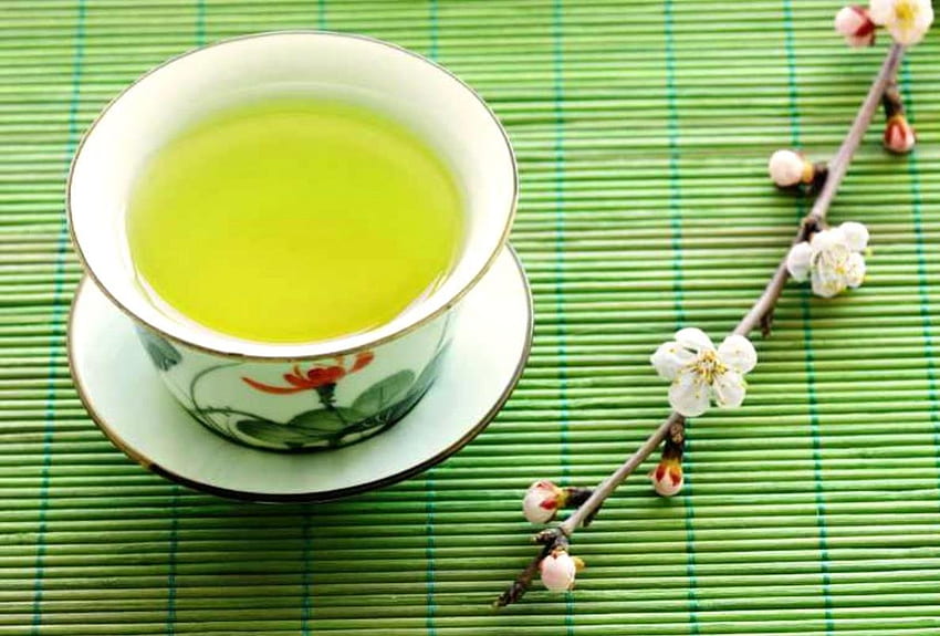 Green Tranquil-i-Tea, чай, Япония, чаена чаша, черешов цвят, зелен чай HD тапет
