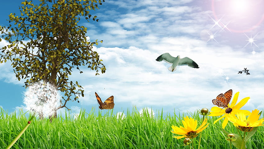 Joys of Spring, butterflies, birds, butterfly, firefox persona, dandelion, sky, flowers, tree HD wallpaper