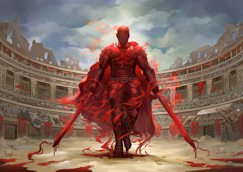Ksatria Merah, petarung, Colosseum, fantasi, seni Wallpaper HD