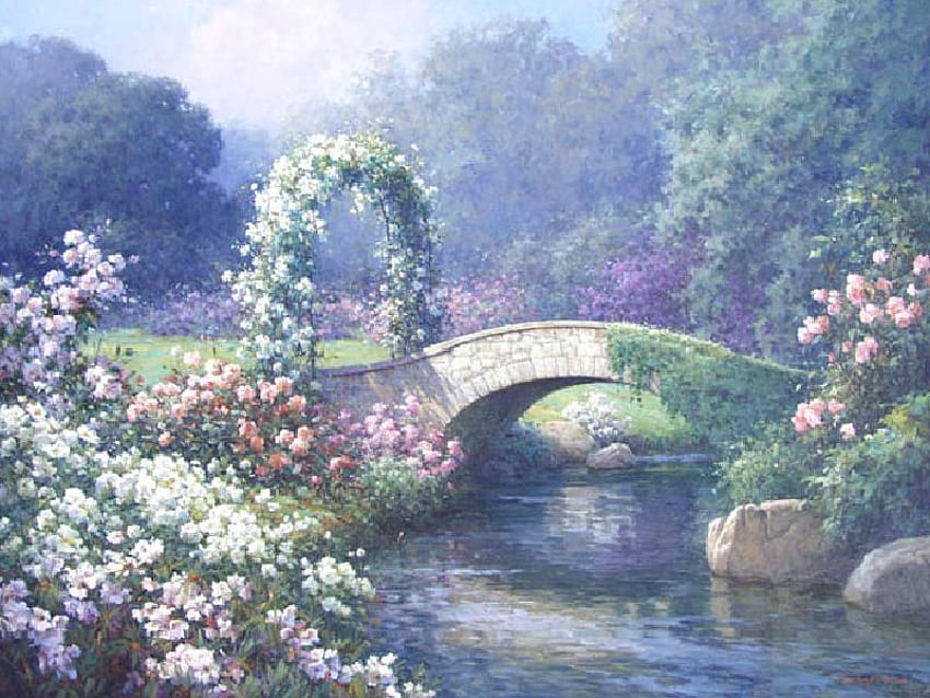 Jembatan Kenangan, sungai kecil, semak-semak, batu, lengkungan, tanaman merambat, jembatan, batu, pohon, bunga, air Wallpaper HD
