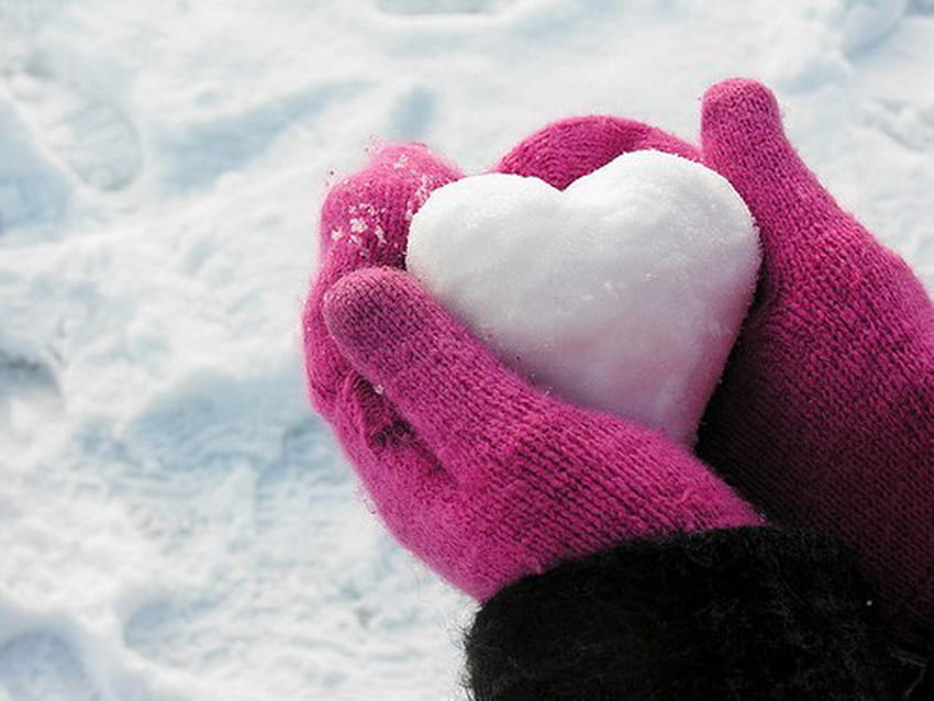 Love of winter, winter, pink, snow, snow ball, heart shape, mitts HD wallpaper