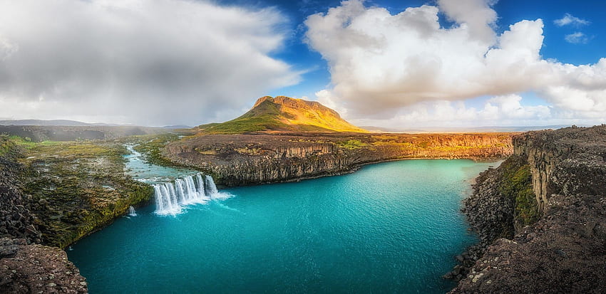 Waterfall and Mountain Lake in Iceland and Background, Summer Mountain Waterfall HD wallpaper
