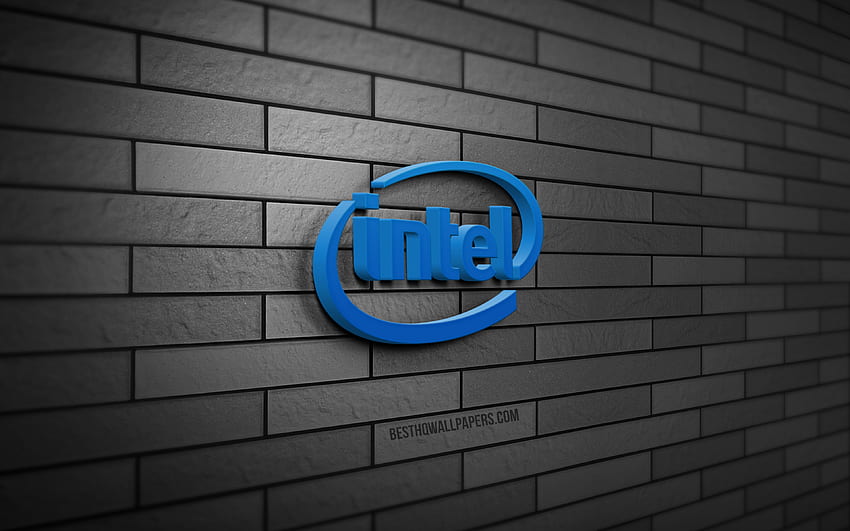 Logotipo de Intel en 3D, pared de ladrillo gris, creatividad, marcas, logotipo de Intel, arte en 3D, Intel fondo de pantalla