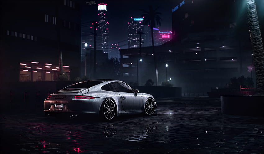 ปอร์เช่ กีฬา กลางคืน รถ เปียก สีเทา รถสปอร์ต มุมมองด้านข้าง Porsche 911 Carrera S วอลล์เปเปอร์ HD