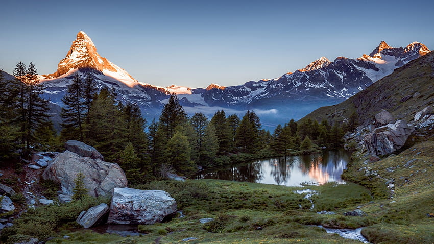 See Grindjisee, Zermatt, Schweiz, Bäume, Felsen, Alpen, Berge, Himmel HD-Hintergrundbild