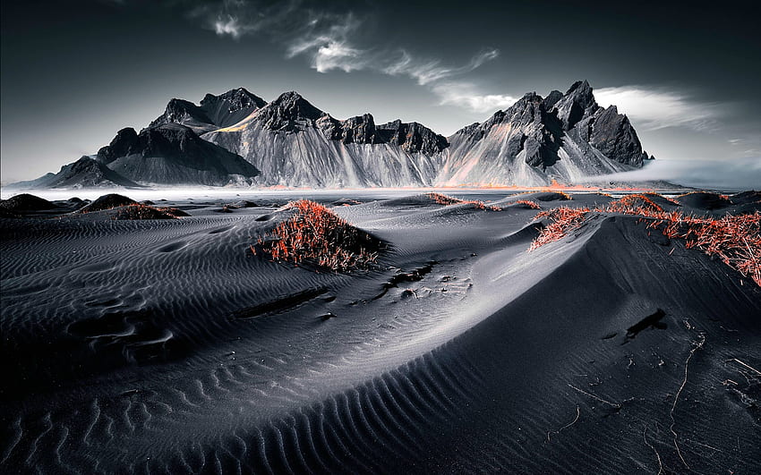 Vestrahorn Mountain, Iceland, 2 colour, sand, iceland, nature, mountain HD wallpaper