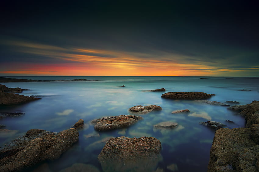 Yorkshire coast, rocks, sunset HD wallpaper