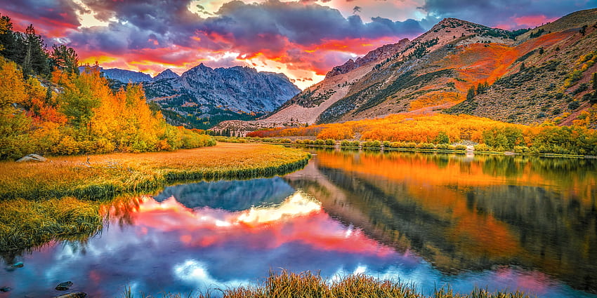 Lago Bishop, queda, EUA, outono, montanha, lago, panorama, colorido, colinas, reflexão, nuvens, pôr do sol papel de parede HD